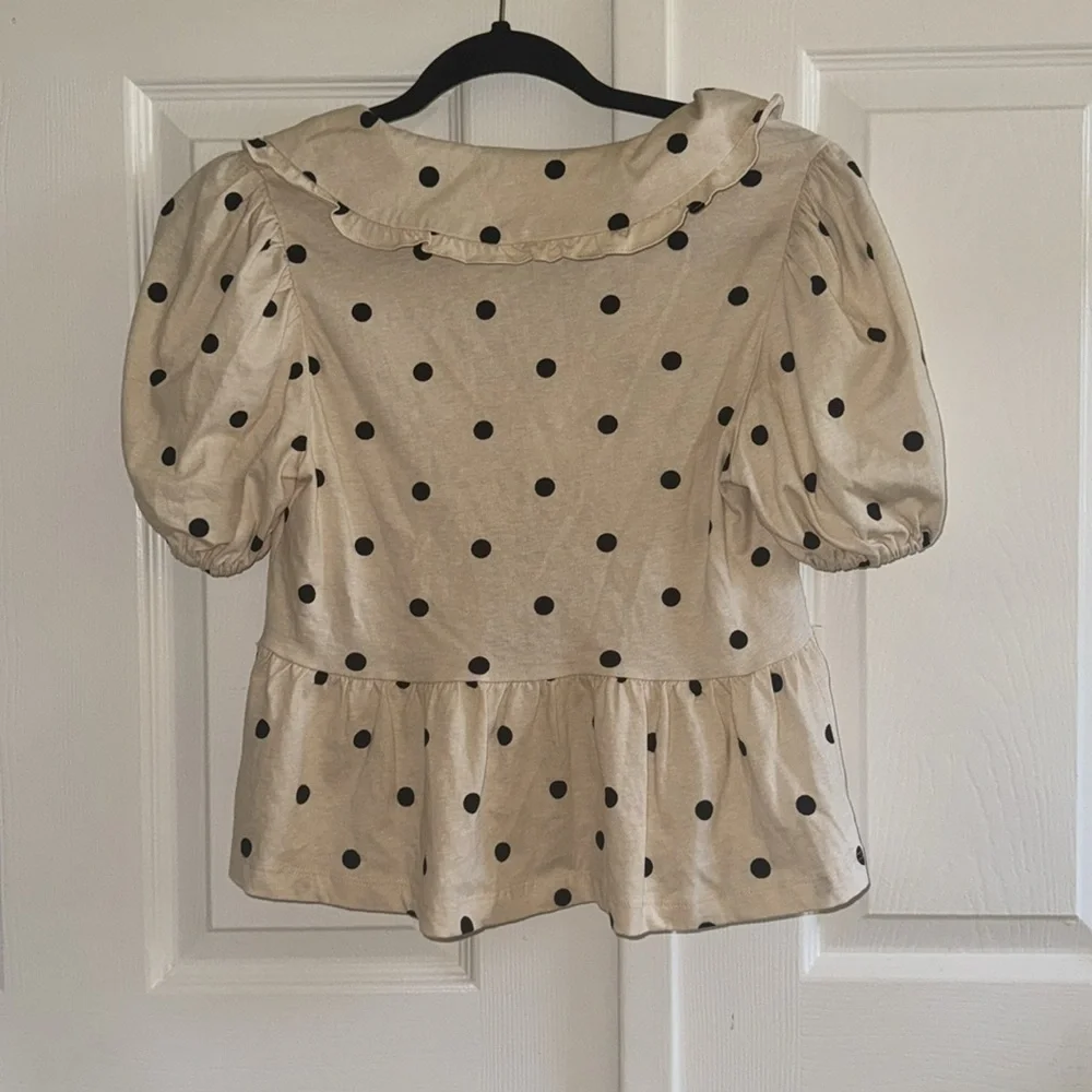 NWOT Anthropologie Cream Polka Dot Women's Peplum Linen Tie-Front Bubble Top - Picture 7 of 7